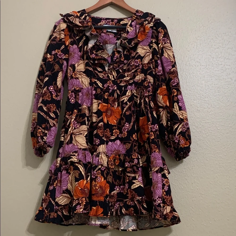 Pilcro Tiered Corduroy Floral Ruffle Mini Dress Long Sleeve SP - Picture 2 of 7